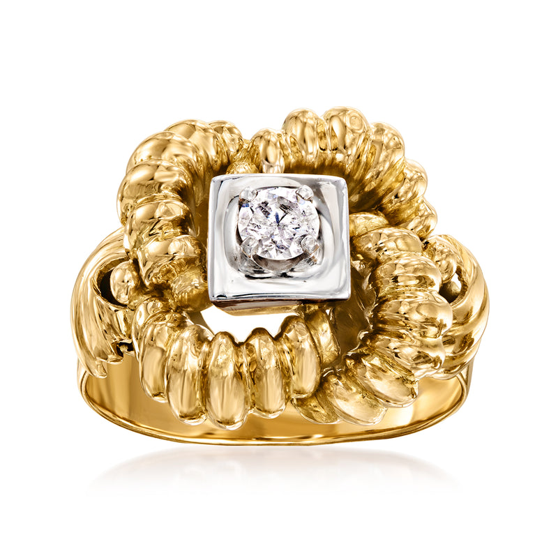 Vintage 18k yellow gold knot ring with round diamond center in square bezel