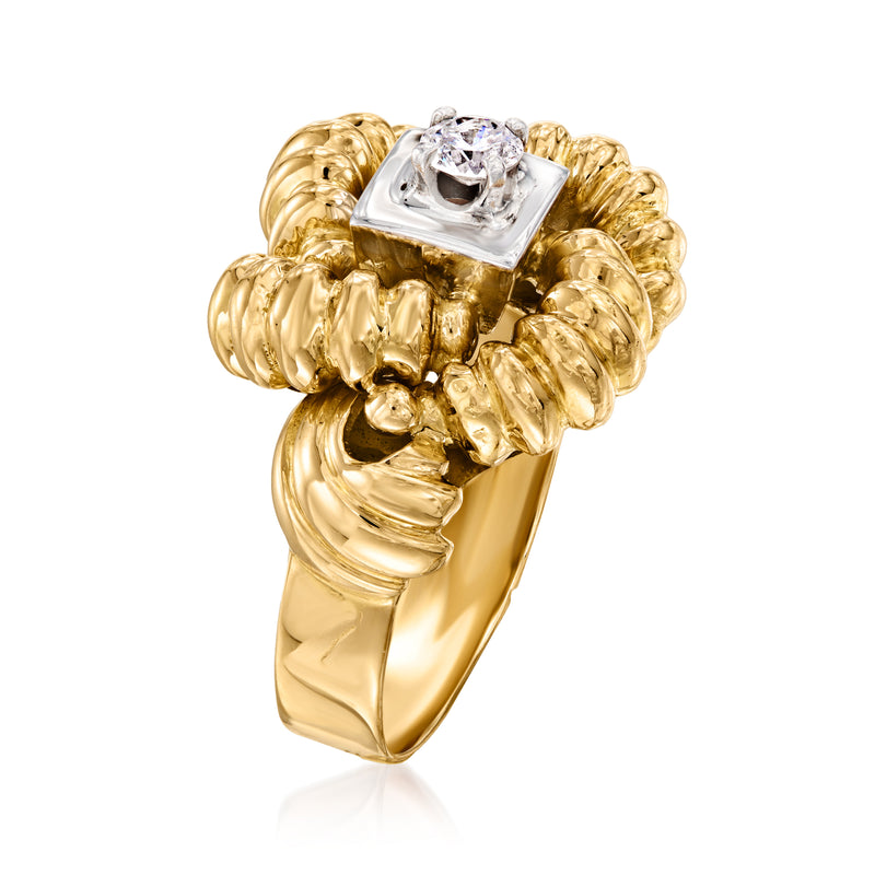 Vintage 18k yellow gold knot ring, round diamond in square bezel, angled view