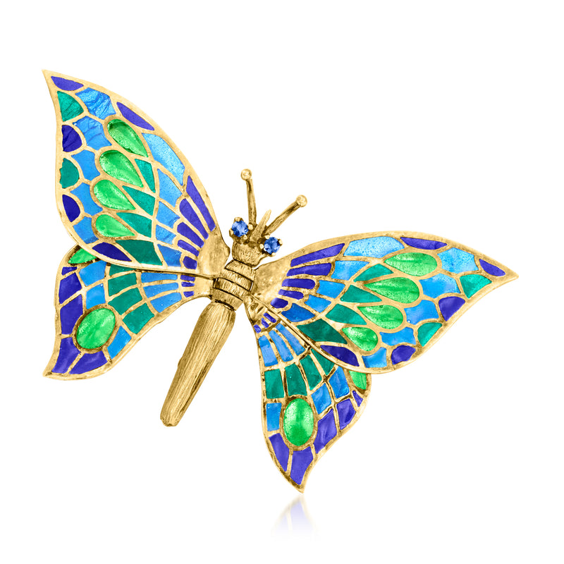 Gold butterfly pin with multicolored plique-a-jour enamel wings, blue and green