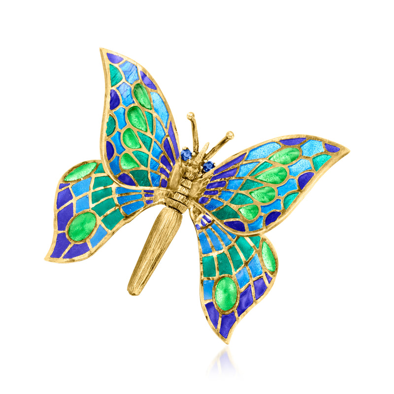 Gold butterfly pin with multicolored plique-a-jour enamel wings, blue and green