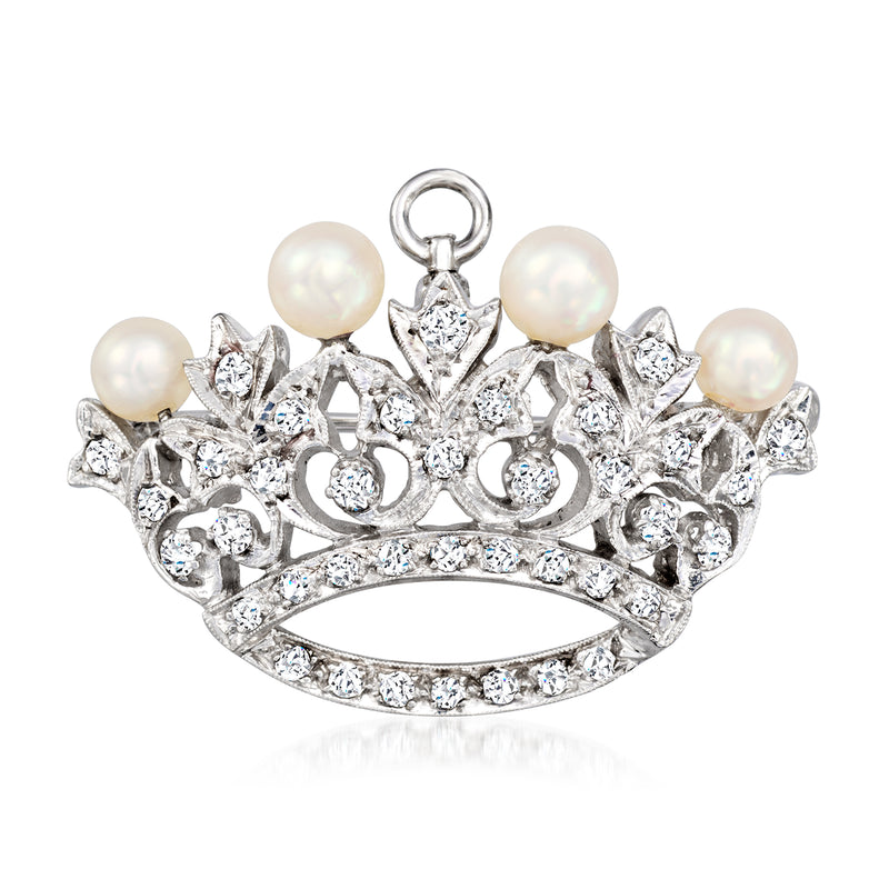 Crown pin/pendant with cultured pearls and diamond-like stones in 14kt white gold