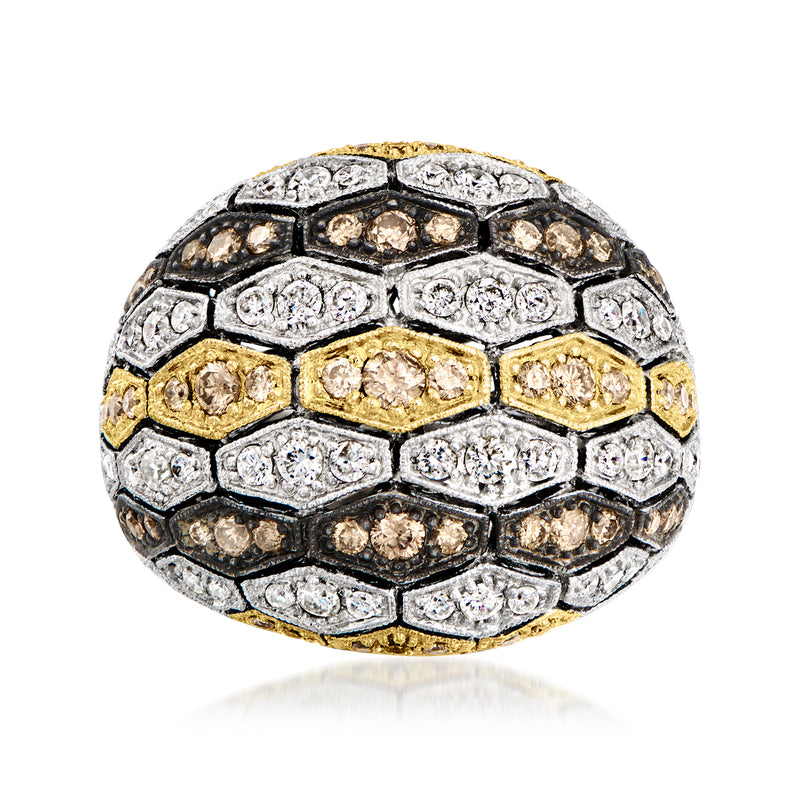 Two-tone diamond ring with white and brown bezel-set stones, detailed top view