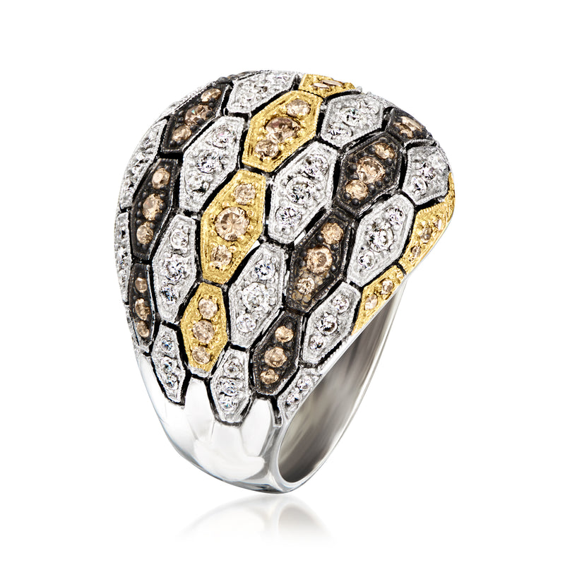 Two-tone diamond ring with alternating white and brown stone settings, side view