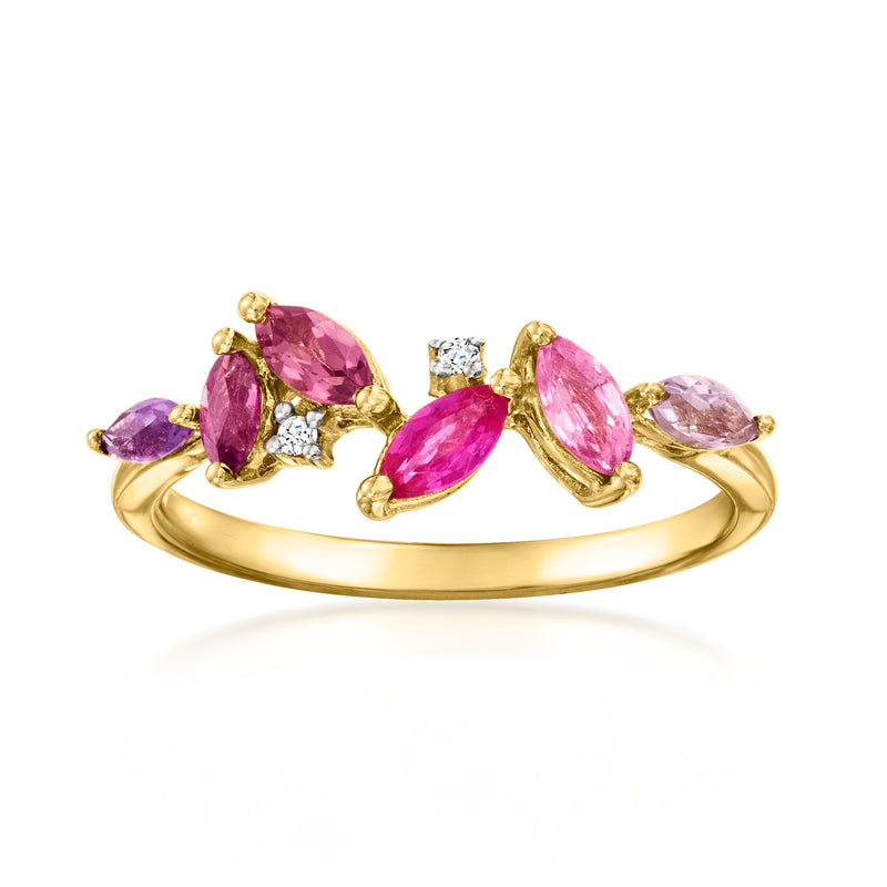 14kt yellow gold ring with pink marquise gemstones and small diamond accents