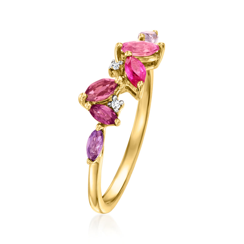Yellow gold ring with five pink marquise and oval gemstones and diamond highlights
