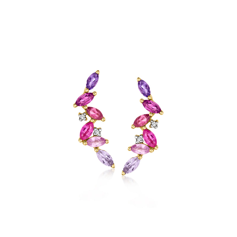 Yellow gold multi-gem marquise earrings with pink stones and diamond accents, post backs