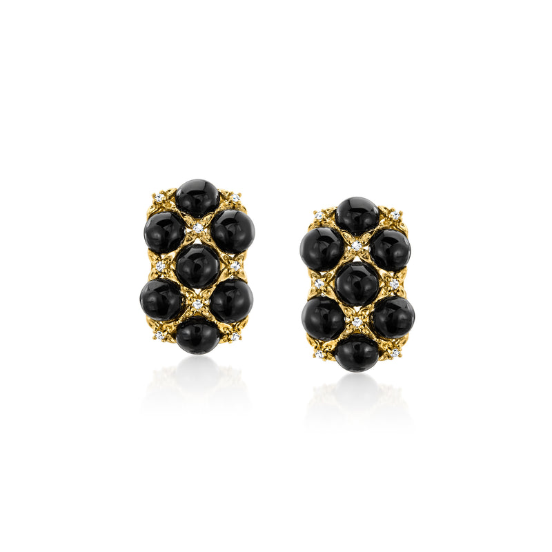 Black onyx cluster stud earrings with diamond accents in 18kt gold over sterling