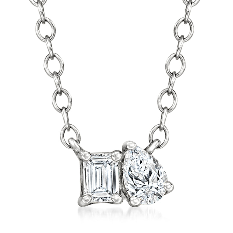 14k white gold toi et moi lab-grown diamond necklace with emerald-cut and round stones