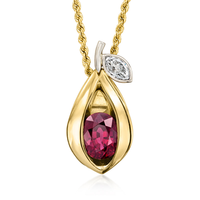 Vintage yellow gold fruit pendant necklace with marquise rhodolite and diamond accents
