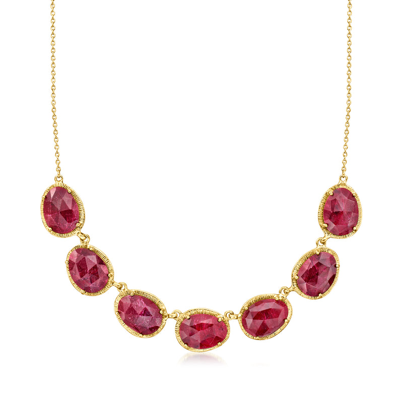 Ruby necklace with five oval red gemstones in gold over sterling prong settings