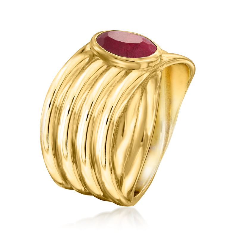 Gold ribbed crisscross ring with oval ruby cabochon bezel, side view