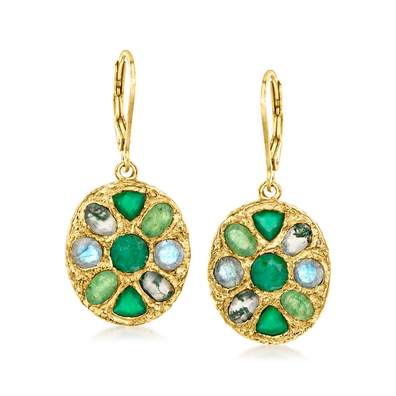Gold-tone oval floral drop earrings with green, blue and white gemstones; leverback.