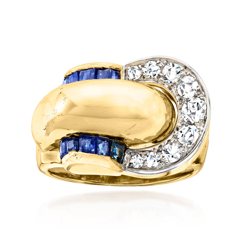 18kt yellow gold buckle ring with blue sapphire and white diamond accents