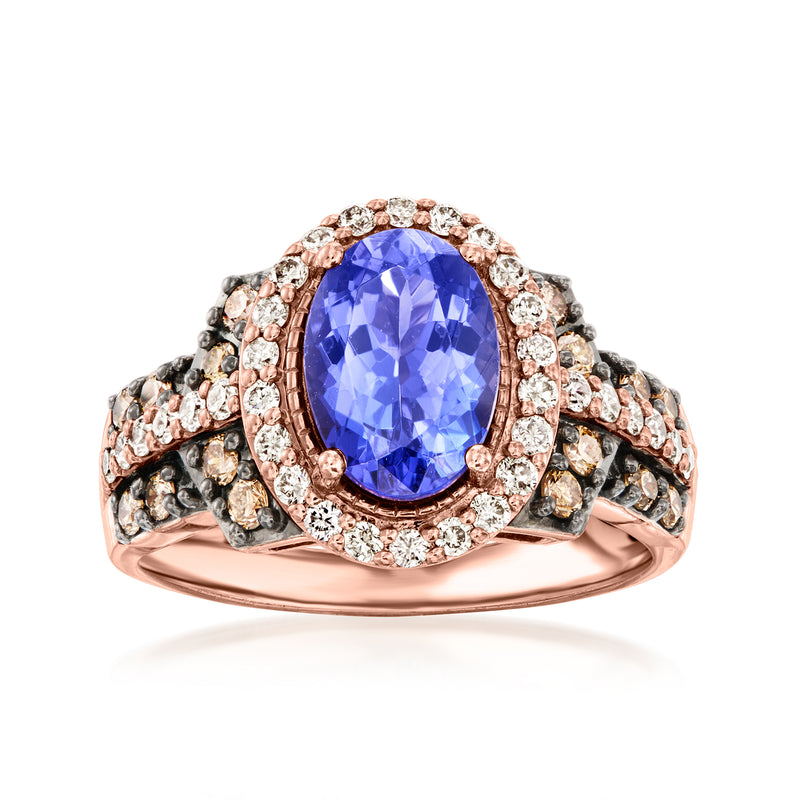 Vintage Le Vian tanzanite ring in rose gold with oval center stone and diamond halo