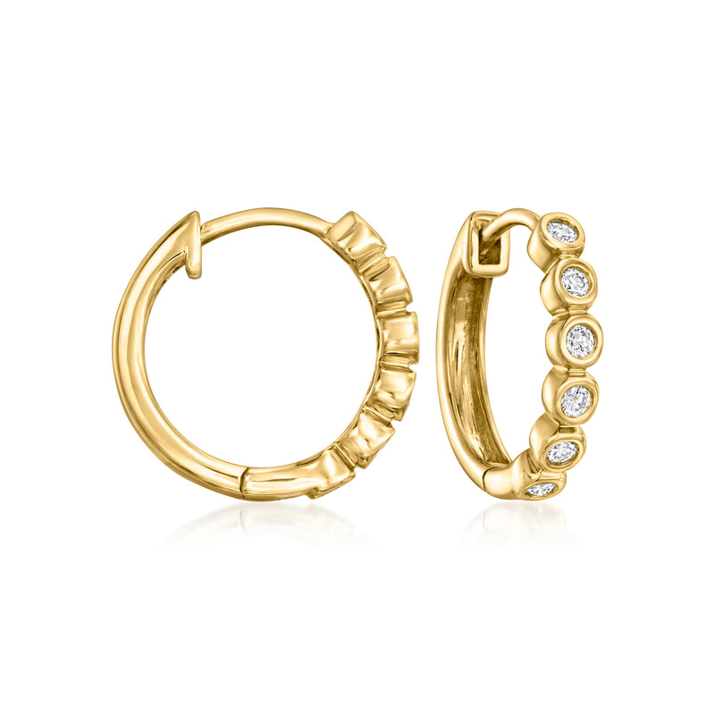 14kt yellow gold huggie hoop earrings with bezel-set round diamonds, post backs