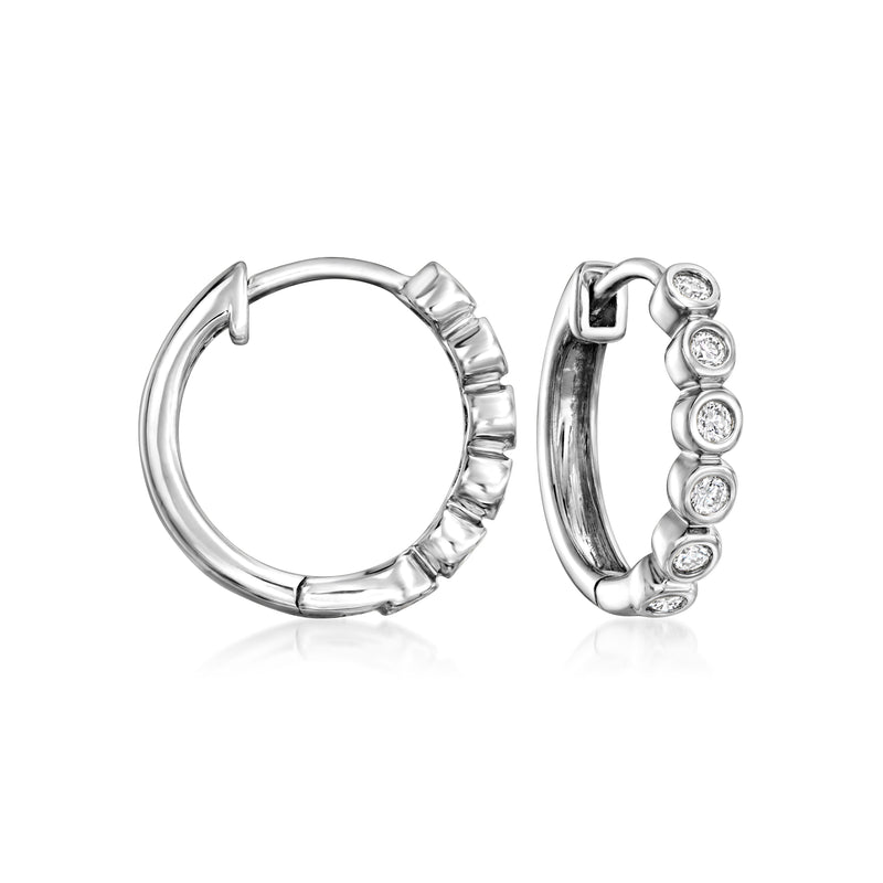 14kt white gold huggie hoop earrings with bezel-set round diamonds, post backs
