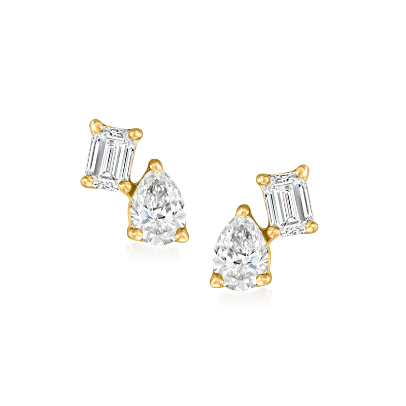 14kt yellow gold toi et moi stud posts with lab-grown round and baguette diamonds