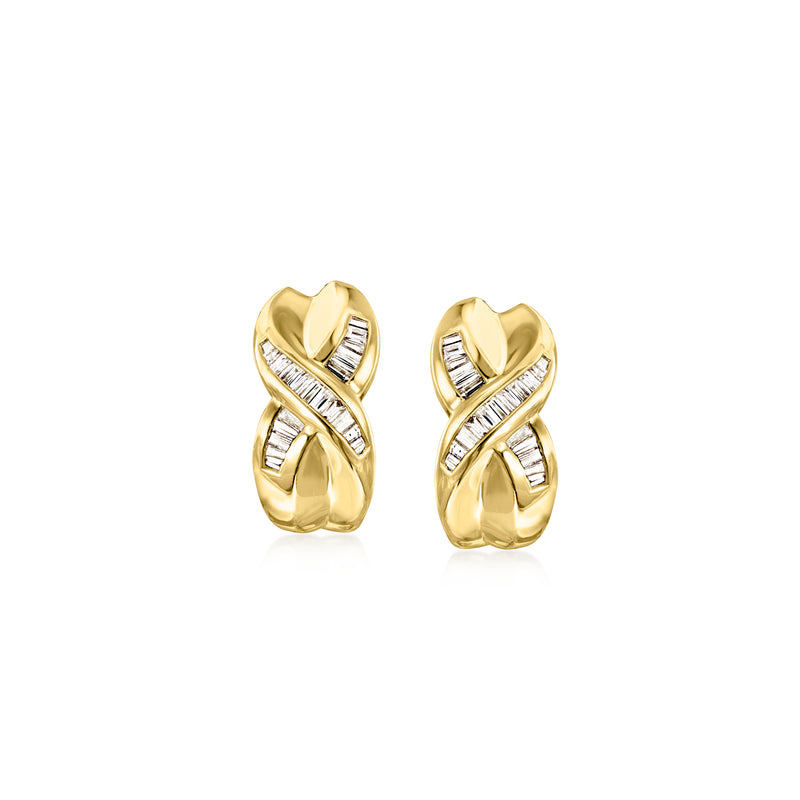 Vintage yellow gold X hoop earrings with baguette-cut diamonds, clip/post style