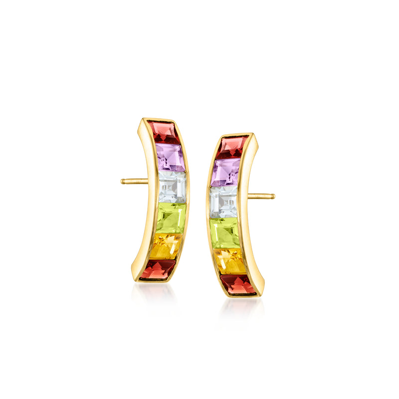 Vintage curved multi-gemstone stud earrings in 14k yellow gold, post back