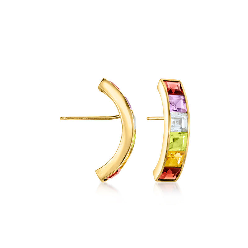 Curved multi-gemstone stud earrings with bezel stones, 14k yellow gold post