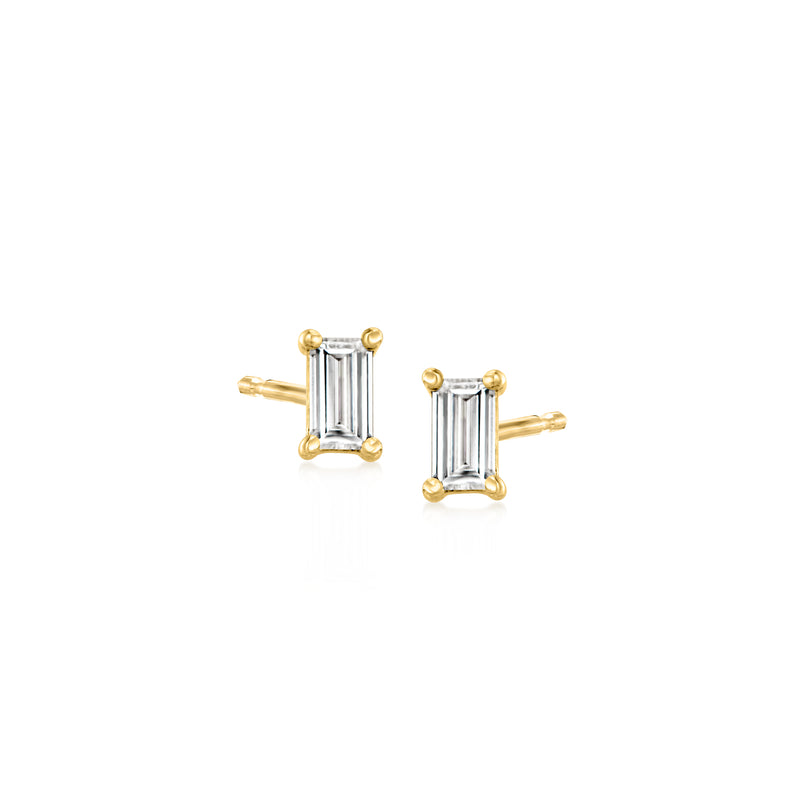 Baguette-cut lab-grown diamond stud earrings in 14kt yellow gold, bezel-set