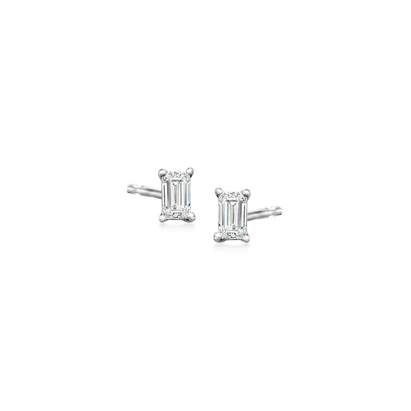 Baguette lab-grown diamond stud earrings in 14kt white gold, rectangular stone settings