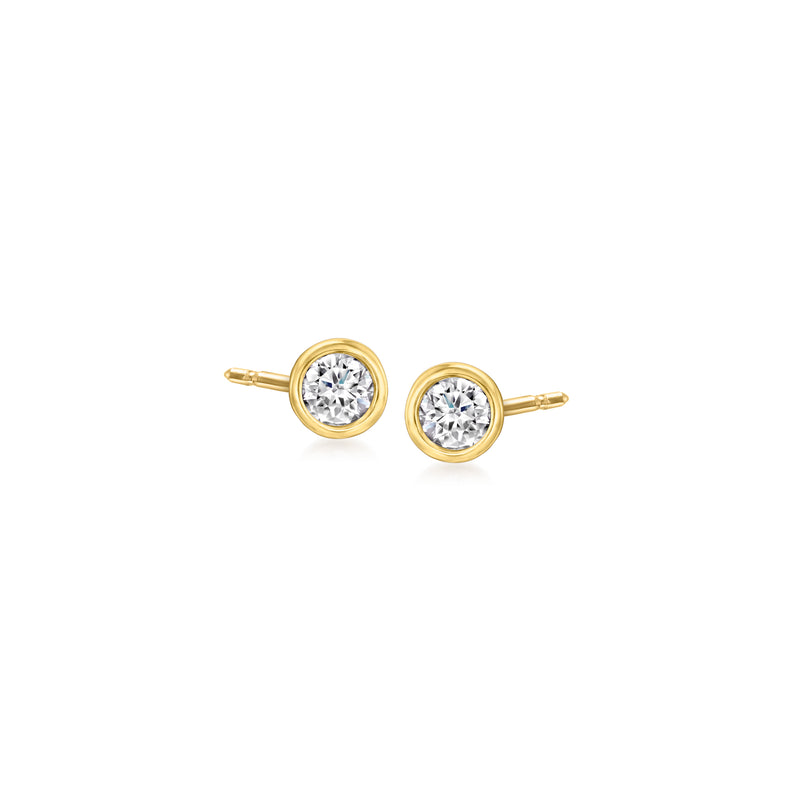 Round lab-grown diamond stud earrings in bezel setting, 14kt yellow gold posts