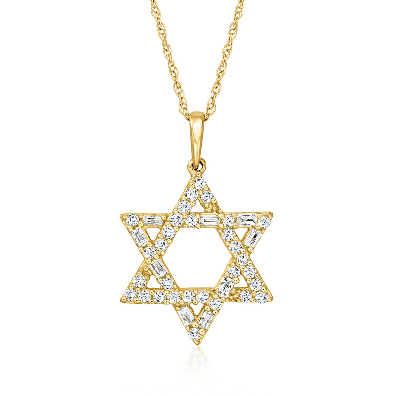 14kt yellow gold Star of David diamond pendant on chain, round and baguette stones