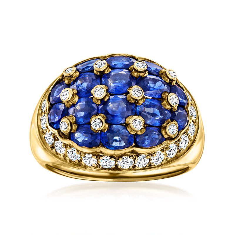 18kt yellow gold sapphire and diamond cluster ring with oval blue stones and round diamonds
