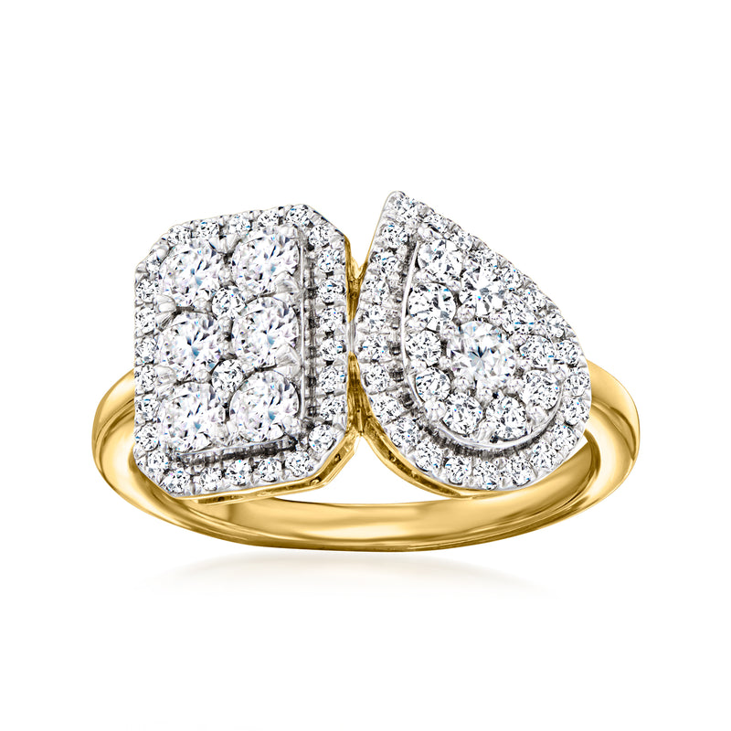 Two-stone toi et moi diamond ring with yellow gold band and square halo settings