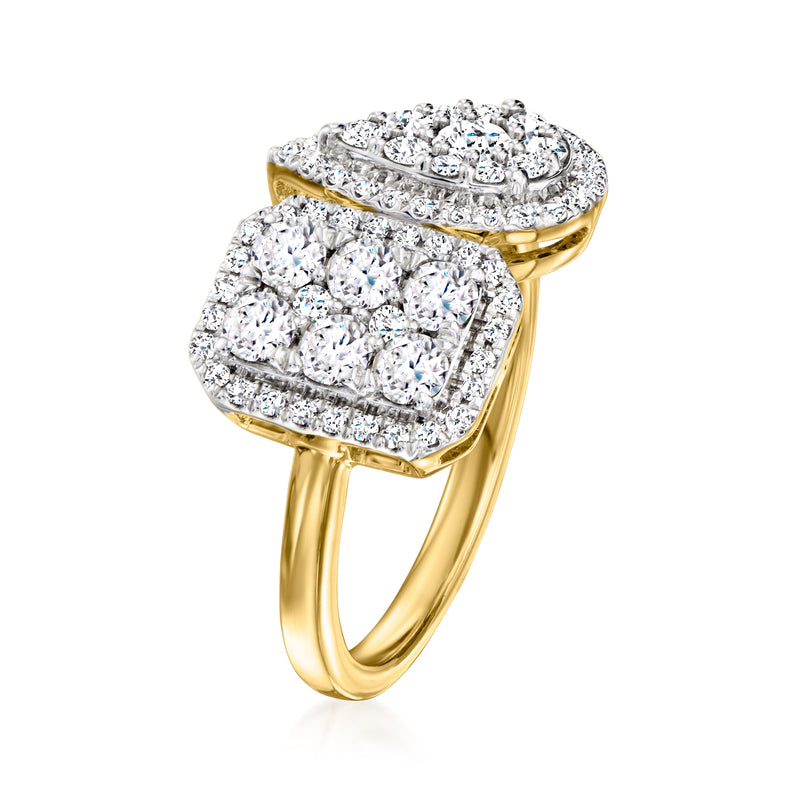 Square-cut diamond cluster toi et moi ring on yellow gold band, angled view