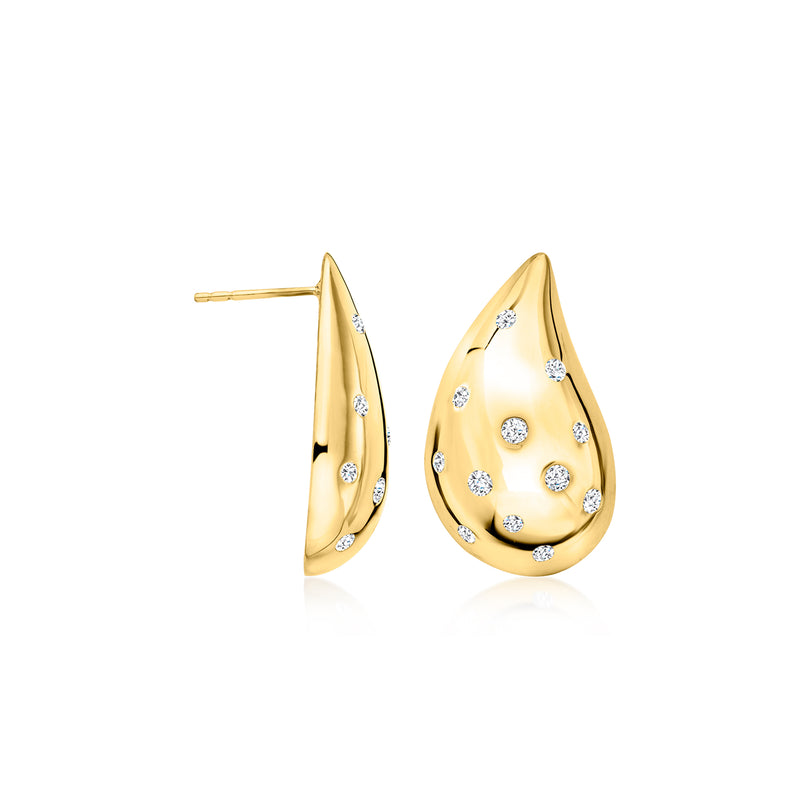 Gold over sterling puffy teardrop drop earrings with scattered round diamonds, front view