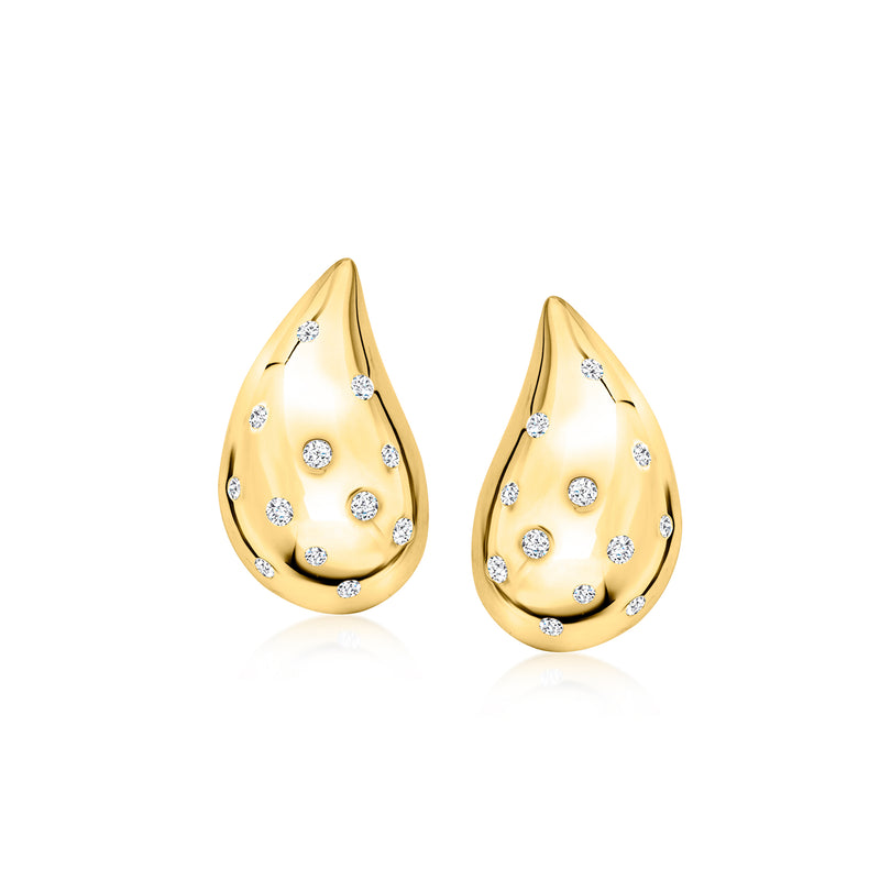 Gold over sterling puffy teardrop drop earrings with round diamond accents, angled view
