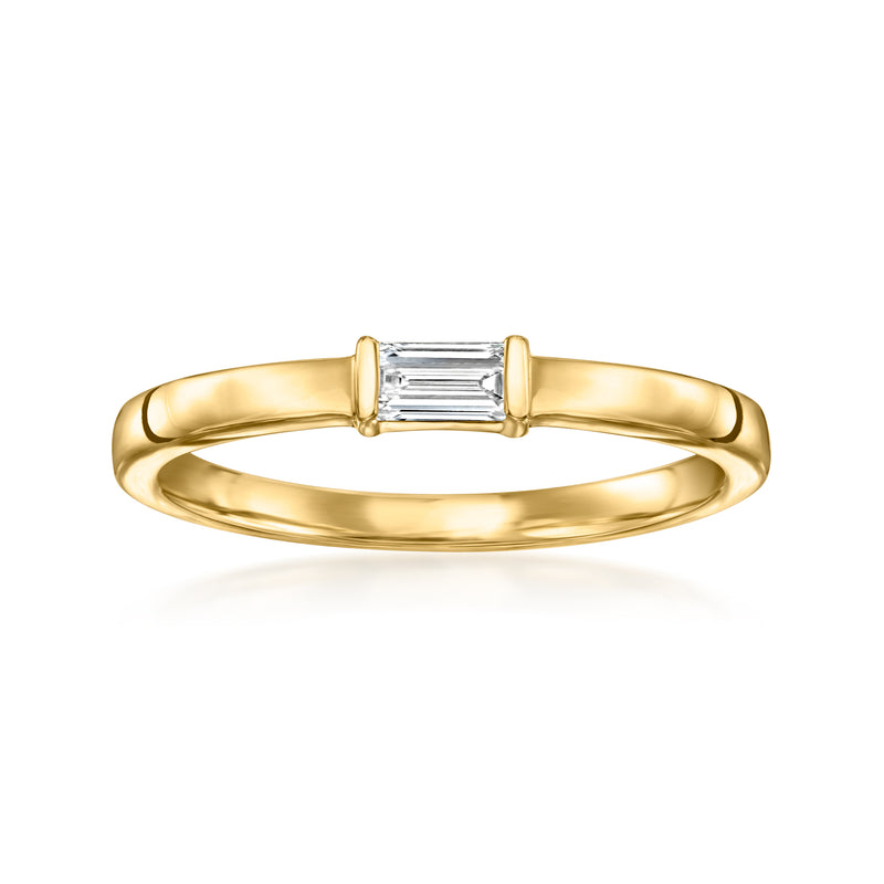 14kt yellow gold baguette diamond ring with rectangular center stone in prongs