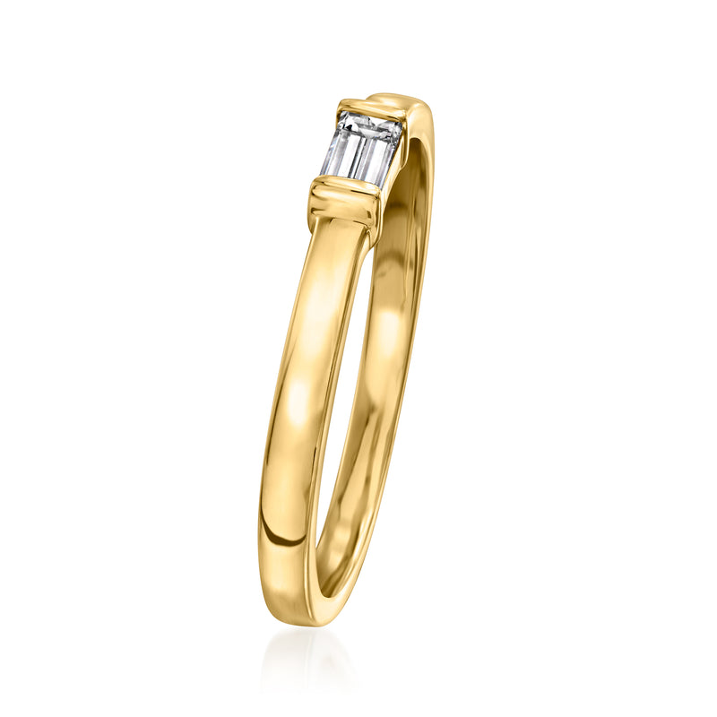 14kt yellow gold ring with baguette-cut diamond, rectangular prong-set setting