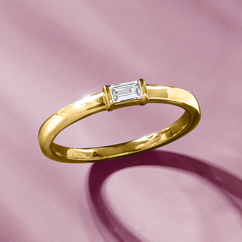 14kt yellow gold baguette diamond ring with rectangular stone in prong setting