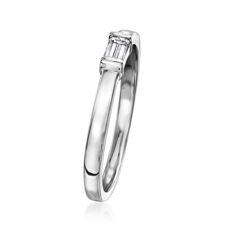 14kt white gold ring with raised baguette-cut lab-grown diamond setting, side view