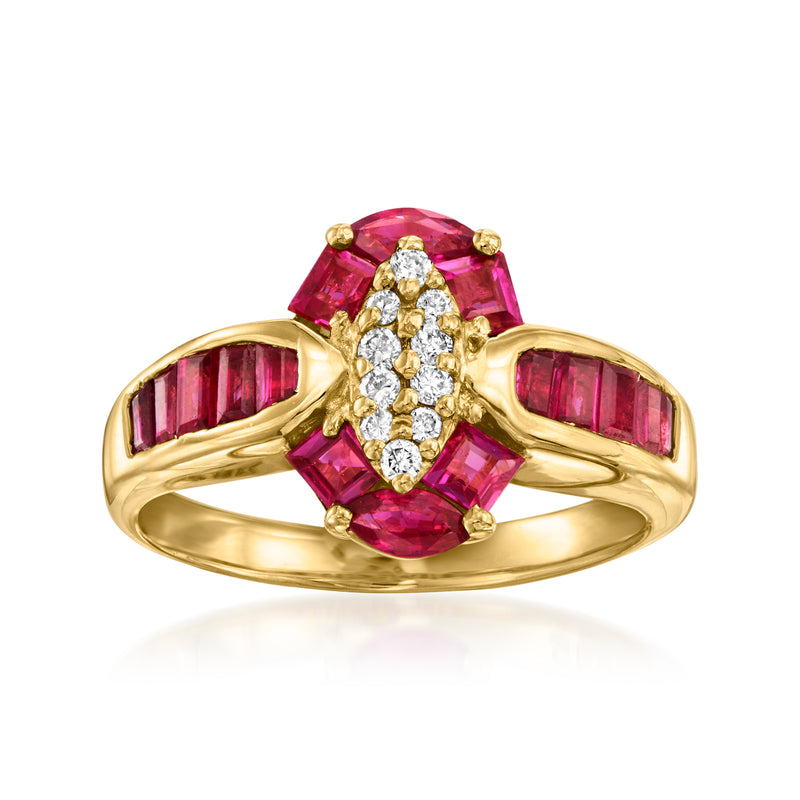 18kt yellow gold ring with oval ruby center, diamond accents, and two ruby side stones