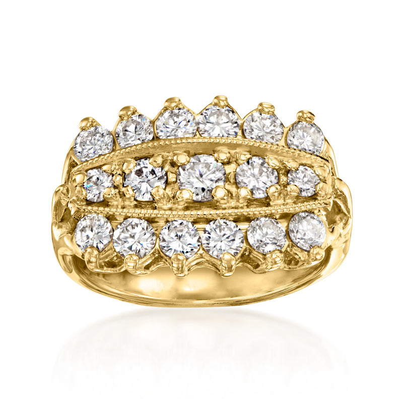 14kt yellow gold three-row diamond ring with round and oval stones, vintage design