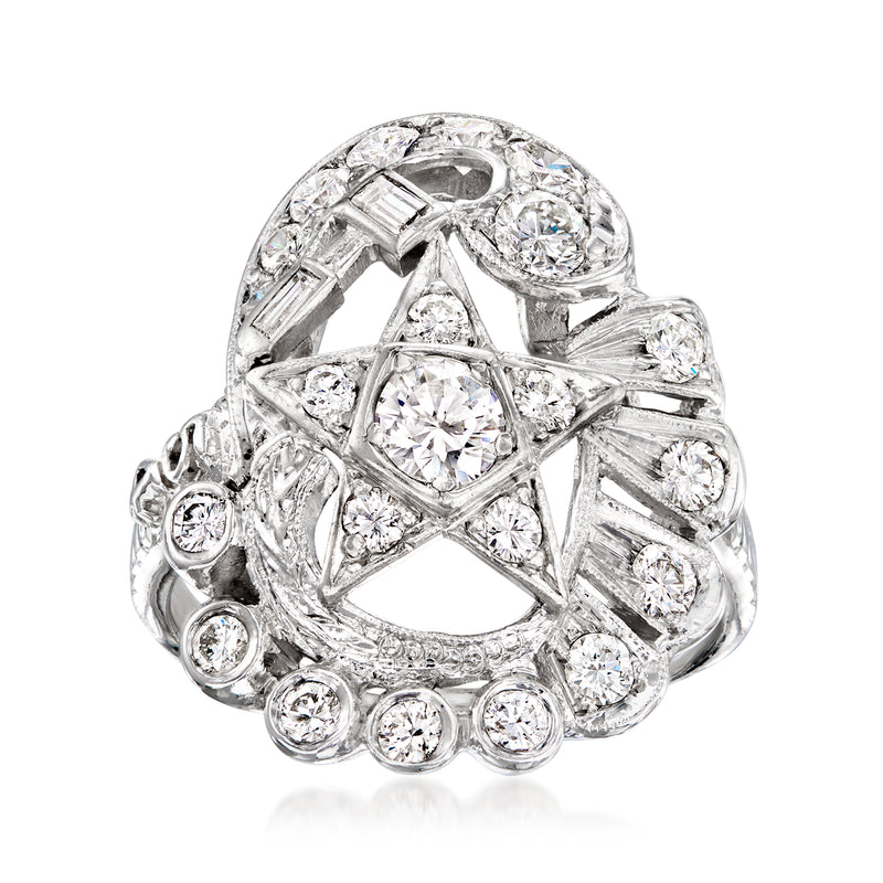 Diamond Eastern Star ring in 14kt white gold with round and baguette stones