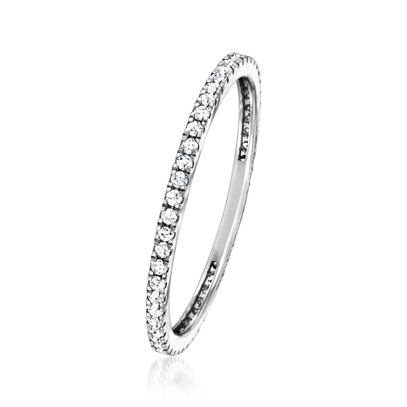 14kt white gold eternity band side view with a continuous row of round diamonds
