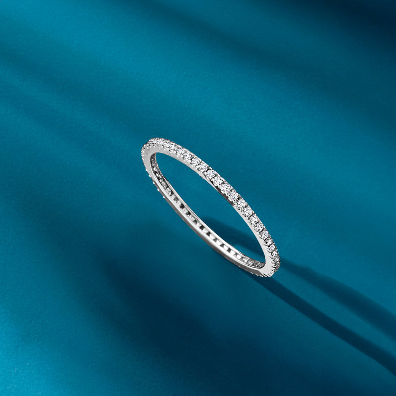 14kt white gold lab-grown diamond eternity band, top view with full circle stones