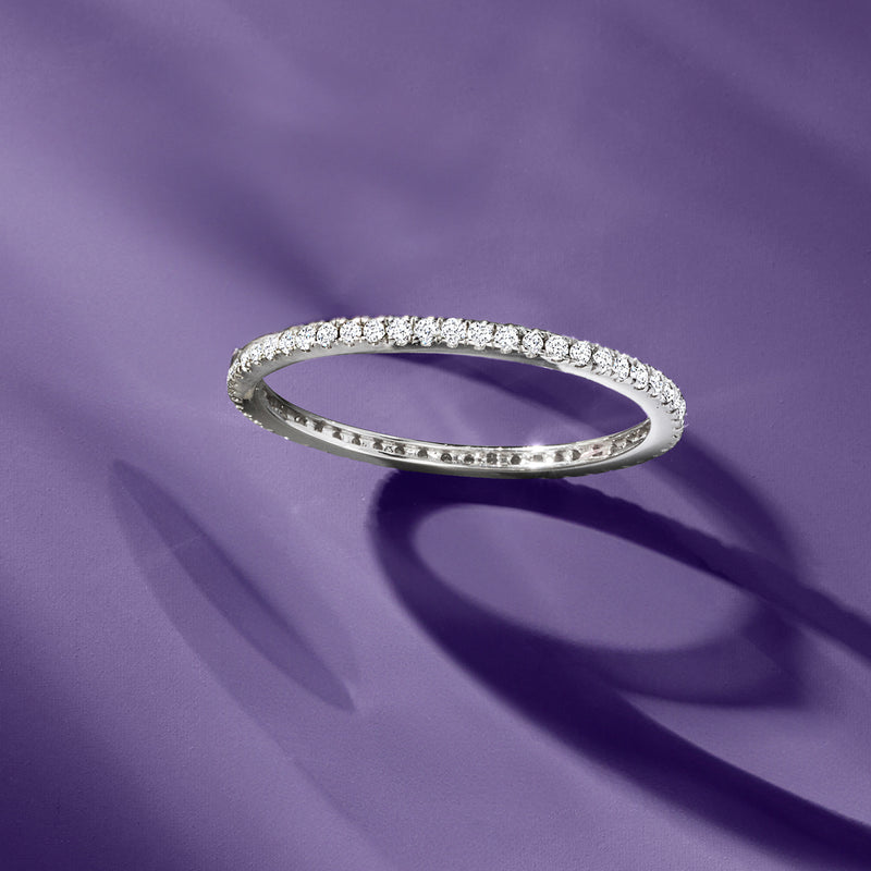 14kt white gold diamond eternity band straight-on view showing the full round diamond row