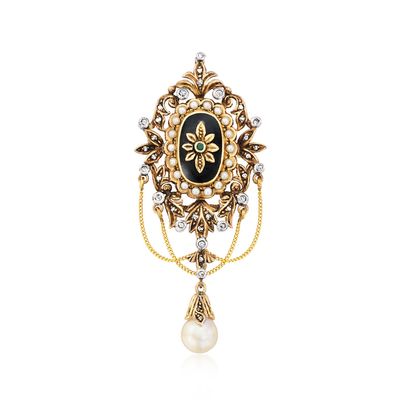Vintage 18kt gold pearl and diamond pin pendant with black enamel and emerald accent