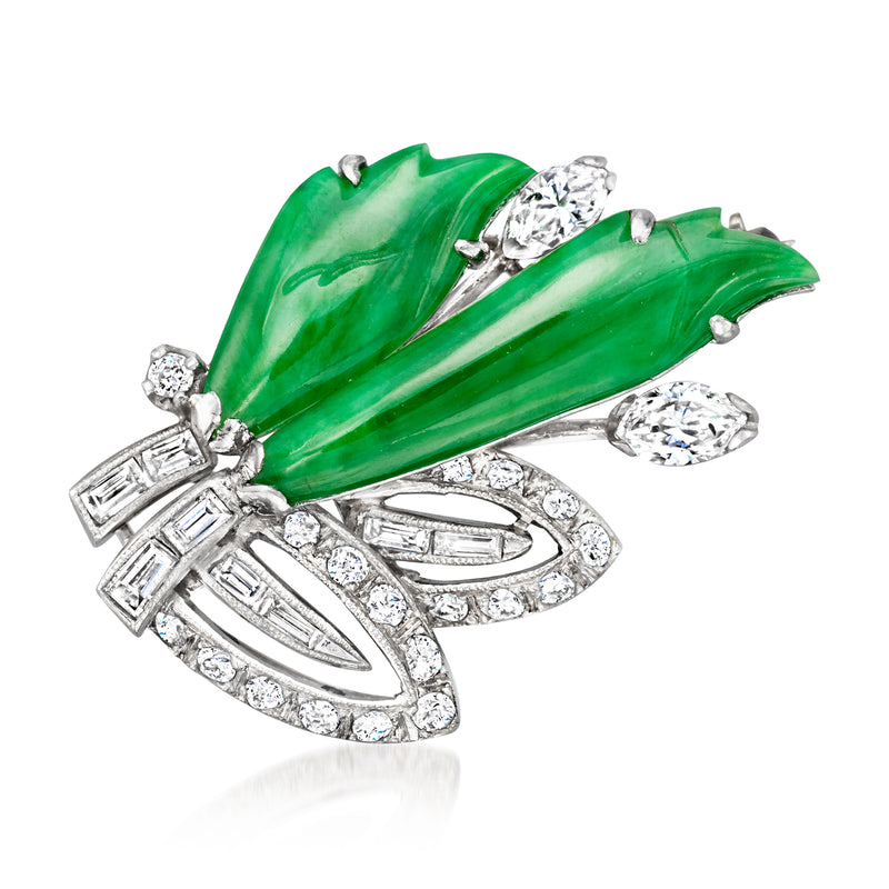 Platinum pin with carved jade leaves and diamond accents