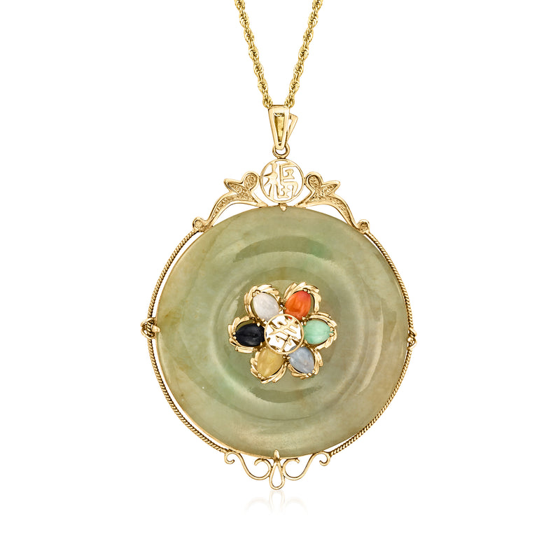 14kt yellow gold jade pendant necklace with round pale green pendant and multicolor flower inlay