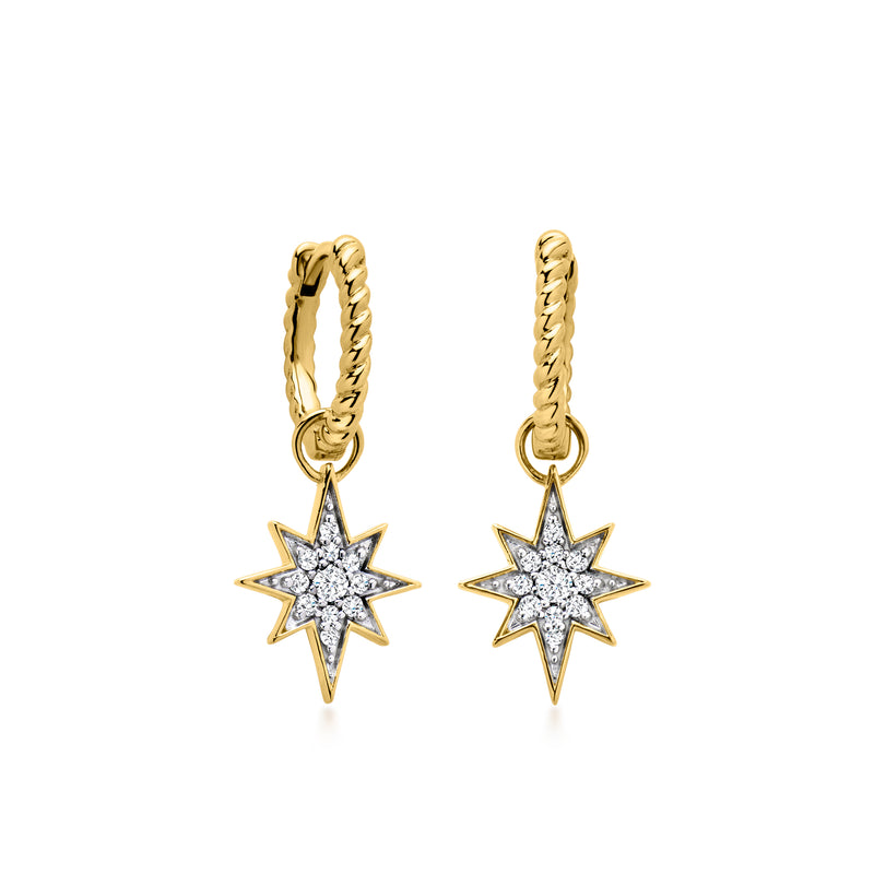 Gold hoop earrings with dangling star charm drops and small clear stones