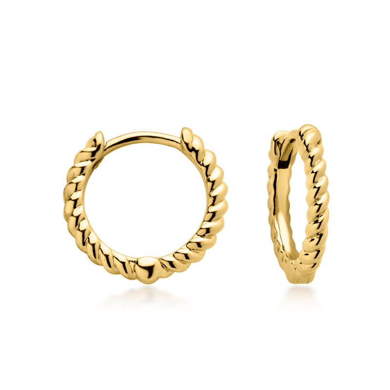 Gold twisted hoop earrings with hinged clasp, no visible dangling charms