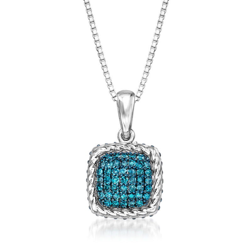 Sterling silver blue diamond cushion pendant necklace with teardrop bail and link chain