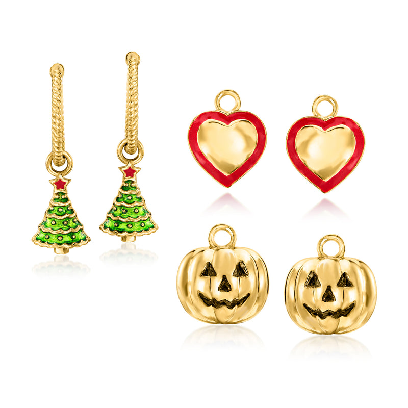 Gold hoop earrings with green tree charm and star topper, holiday set